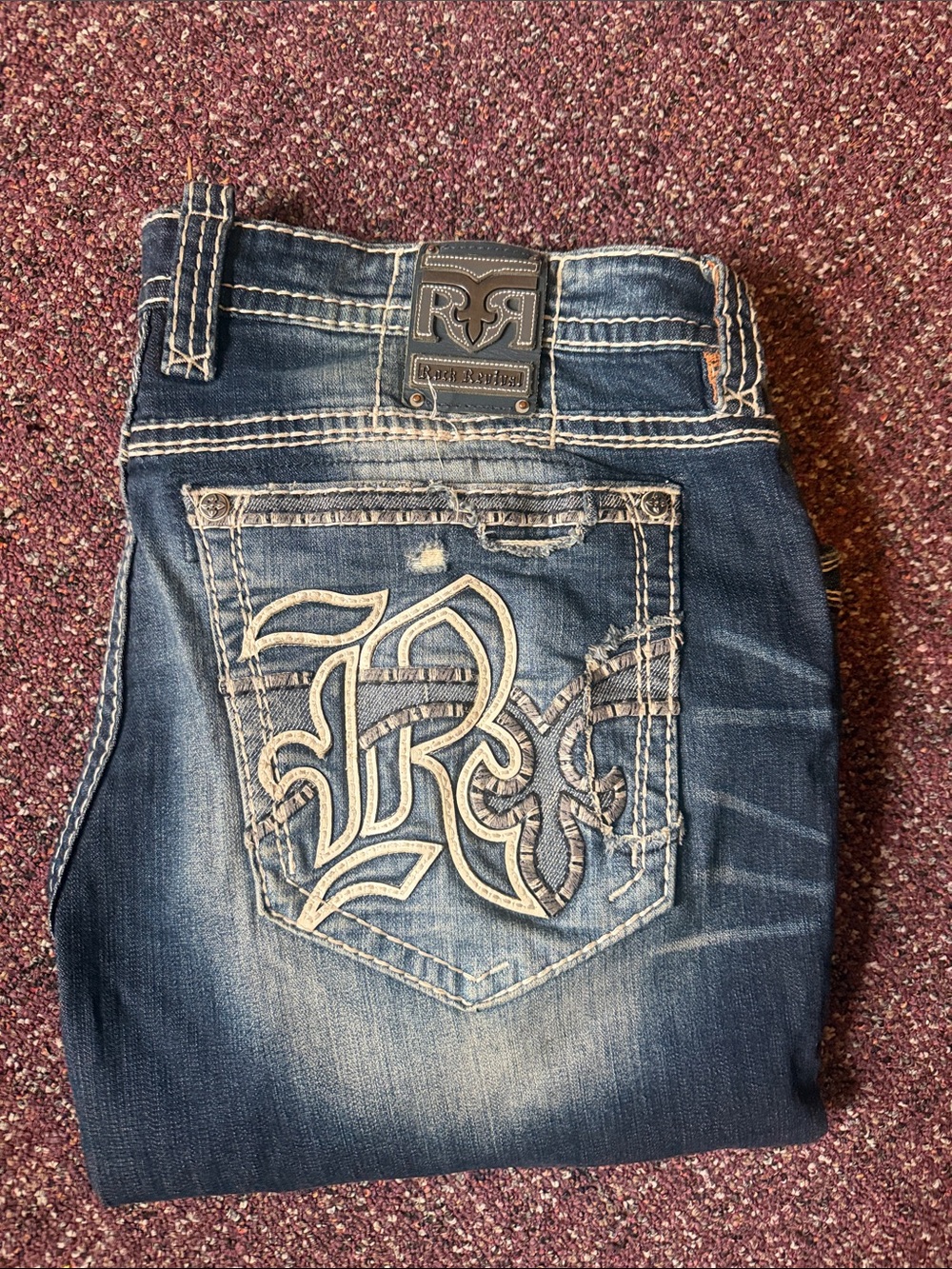 Rock Revival Men's Faded Blue Embroidered Pocket Jeans